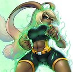  abs anthro aura big_breasts black_sclera breasts clothed clothing female glowing hair lagomorph lopunny mammal midriff muscular navel nintendo pok&eacute;mon pok&eacute;morph simple_background solo teckworks video_games white_background yellow_eyes 