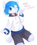  2015 anthro aoino blue_eyes blue_hair blush canine clothing cub dog eyewear fur goggles hair hoodie looking_at_viewer male mammal on_one_leg one_eye_closed shorts simple_background smile solo standing white_background white_fur wink young 