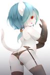  anthro aoino blue_hair bulge butt cat clothed clothing crossdressing feline fur gloves hair legwear looking_back male mammal open_mouth panties ponytail raised_tail red_eyes simple_background solo standing stockings topless underwear white_background white_fur 