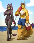  2017 abs anthro armadillo avian beach bikini board_shorts breasts brown_hair chest_fur chest_tuft cleavage clothed clothing coolbox female gryphon hair male mammal muscular outside seaside skimpy sling_bikini swimming_trunks swimsuit toughset tuft umbrella walking wide_hips zhaneel 