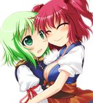  blush breasts cheek-to-cheek cleavage closed_eyes commentary_request green_eyes green_hair hug japanese_clothes juliet_sleeves kimono kinagi_yuu large_breasts long_sleeves multiple_girls obi onozuka_komachi pink_hair puffy_short_sleeves puffy_sleeves sash shiki_eiki short_sleeves smile touhou two_side_up 