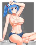  :3 arm_up armpits bare_arms bare_legs bare_shoulders barefoot blue_eyes blue_hair blush breasts cleavage collarbone commentary_request covered_nipples crop_top damao_yu denim denim_shorts feet groin highres kawashiro_nitori large_breasts navel nipples see-through short_shorts shorts sitting soles solo stomach sweat tank_top touhou two_side_up underboob wet wet_clothes 