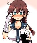  1girl 2017 bangs blue_eyes blush braid breast_grab breasts brown_hair commentary_request covered_nipples dated gloves grabbing green_eyes groping kantai_collection large_breasts long_hair looking_at_viewer necktie nose_blush noshiro_(kantai_collection) open_mouth richou_(zerozero1101) salute solo_focus surprised sweatdrop swept_bangs twin_braids twitter_username upper_body white_gloves 