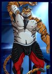  2017 abs anthro armpits biceps black_fur body_hair bulge chest_hair chest_tuft claws clothed clothing digital_media_(artwork) facial_hair feline front_view fur hair hairy hi_res looking_at_viewer male mammal manly mature_male multicolored_fur muscular muscular_male nipples orange_fur pecs pubes shade_the_wolf simple_background smile solo standing stripes tiger tuft white_fur 