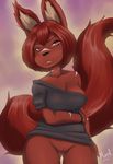  annoyed anthro black_shirt breasts canine cleavage clothed clothing female flashing fox front_view fur hair kanie looking_at_viewer mammal mordwyl no_underwear pussy red_fur red_hair simple_background solo thick_thighs 
