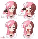  :d breasts brown_eyes brown_hair cherry cherry_knot cleavage coat collarbone cslucaris eating face food fruit gloves heterochromia highres jewelry licking licking_lips long_hair long_sleeves multicolored_hair naughty_face necklace neo_(rwby) open_mouth pink_eyes pink_hair rwby saliva saliva_trail simple_background smile teeth tongue tongue_out two-tone_hair upper_body white_background 