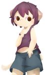  aoino blush brown_eyes brown_hair cat clothing cub feline fur hair looking_away male mammal navel off_shoulder shorts simple_background solo standing tan_fur white_background young 