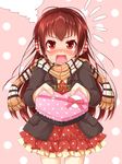  @_@ battle_girl_high_school blush box gift heart-shaped_box highres himukai_yuri looking_at_viewer miiiiiiimu open_mouth ponytail red_eyes scarf solo steam valentine 