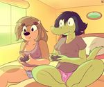  2016 anthro bed bedroom black_hair black_nose bovine breasts bzeh camel_toe cattle cleavage clothed clothing controller crocodile crocodilian duo female fur green_hair green_skin hair hello_kitty horn maggie_hudson mammal marcy_(bzeh) nipple_bulge panties pillow pubes reptile sanrio scalie shirt sitting smile snaggletooth sun sunlight sweat tan_fur tank_top underwear video_games wide_eyed window 