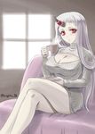  bare_legs blush breasts cleavage cleavage_cutout commentary_request couch crossed_legs cup holding holding_cup horn kantai_collection kishi_nisen large_breasts long_hair long_sleeves looking_at_viewer meme_attire open-chest_sweater pale_skin parted_lips red_eyes ribbed_sweater seaport_hime shinkaisei-kan sidelocks sitting solo steam sunlight sweater twitter_username white_hair white_skin 