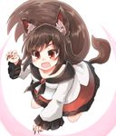  :d animal_ears brown_hair claw_pose dress fang fingernails frilled_sleeves frills highres imaizumi_kagerou kibisake long_fingernails long_hair long_sleeves nail_polish open_mouth red_eyes sharp_fingernails smile solo tail touhou wide_sleeves wolf_ears wolf_tail 