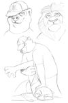  2017 akiric anthro arm_grab bear black_and_white clothed clothing disney duo english_text fangs feline female hat lion major_friedkin_(zootopia) male mammal monochrome polar_bear simple_background text white_background zootopia 