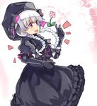  black_dress blush braid doll_joints dress fate/extra fate_(series) flower normaland nursery_rhyme_(fate/extra) open_mouth pink_background pink_eyes ribbon solo twin_braids white_hair 
