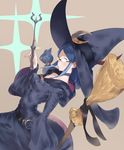  belt black_hat blue_hair broom brown_background choker collarbone covered_navel cowboy_shot crescent dutch_angle eyelashes feathers fingernails from_side glasses hair_ornament hat hat_feather hat_ribbon highres holding holding_wand hood hood_down little_witch_academia long_hair long_sleeves looking_at_viewer o-ring opaque_glasses pinky_out ribbon rimless_eyewear robe simple_background skin_tight smile solo tokopi ursula_charistes wand wide_sleeves witch witch_hat 