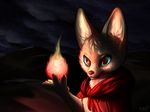  acru_jovian ambiguous_gender canine chibi cloak clothing cute desert digital_media_(artwork) fennec fire fireball fluffy fox fur hood_down magic mammal night paws portrait simple_background solo star 