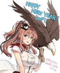  2017 anchor bald_eagle belt bird blouse blue_eyes breast_pocket breasts brown_hair chinese_zodiac dress eagle gloves hair_between_eyes happy_new_year impossible_clothes kantai_collection kekocha large_breasts long_hair looking_at_viewer neckerchief new_year open_mouth pocket ponytail red_belt red_neckwear saratoga_(kantai_collection) side_ponytail simple_background single_glove smokestack solo upper_body white_background white_blouse white_dress wind wind_lift year_of_the_rooster 