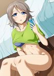  bed between_legs blue_bra blush bottomless bra cellphone commentary_request convenient_leg cover cover_page doujin_cover dutch_angle fingering green_shirt grey_hair hand_between_legs holding holding_phone love_live! love_live!_sunshine!! masturbation midriff navel open_mouth phone pussy_juice shirt shirt_lift short_hair short_sleeves sitting_on_floor smartphone solo suzume_miku sweat t-shirt underwear watanabe_you 
