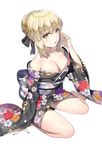  artoria_pendragon_(all) bare_shoulders blonde_hair blush breasts cleavage fate/stay_night fate_(series) ganik japanese_clothes kimono looking_at_viewer medium_breasts open_clothes open_kimono saber_alter simple_background sitting solo white_background yellow_eyes 