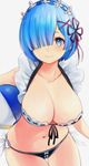  ball bikini black_bikini blue_eyes blue_hair blush breasts collarbone front-tie_top goshiki_suzu hair_ornament hair_over_one_eye large_breasts maid_bikini maid_headdress navel re:zero_kara_hajimeru_isekai_seikatsu rem_(re:zero) short_hair side-tie_bikini simple_background smile solo swimsuit white_background x_hair_ornament 