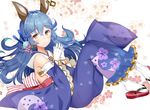  alternate_costume animal_ears aozora_nan bare_shoulders blue_hair blue_kimono breasts bunny_ears detached_sleeves earrings erune ferry_(granblue_fantasy) floral_print from_side granblue_fantasy hair_ornament hands_clasped highres hoop_earrings interlocked_fingers japanese_clothes jewelry kimono long_hair looking_at_viewer obi own_hands_together sandals sash sideboob single_earring small_breasts solo wavy_hair wide_sleeves yellow_eyes 