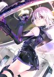  1girl armor ass back breasts brown_eyes covered_nipples elbow_gloves fate/grand_order fate_(series) gloves highres holding_shield large_breasts looking_at_viewer mash_kyrielight parted_lips purple_hair shield short_hair solo 