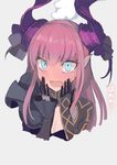  blue_eyes blush elizabeth_bathory_(fate) elizabeth_bathory_(fate)_(all) fate/extella fate/extra fate_(series) full-face_blush highres horns long_hair looking_at_viewer open_mouth pointy_ears purple_hair solo sweatdrop walzrj 