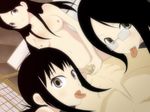  1boy 3girls 4h(?) ai_kaga artist_request black_hair censored chiri_kitsu fujiyoshi_harumi girl_on_top glasses grinding group_sex harumi_fujiyoshi kaga_ai kitsu_chiri licking long_hair multiple_girls nude penis sayonara_zetsubou_sensei short_hair straddle straddling sweat tongue 