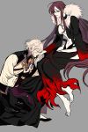  1boy 1girl black_choker black_hair breasts chinese_clothes choker collarbone commentary_request consort_yu_(fate) eyes_closed fate/grand_order fate_(series) fur-trimmed_jacket fur_trim gao_changgong_(fate) grey_hair hand_kiss holding holding_mask horned_mask imminent_kiss jacket kiss long_hair mask mask_removed medium_breasts red_eyes short_hair simple_background sitting tobi0728 very_long_hair white_hair 