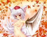  animal_ears armpits bare_shoulders blush flat_chest foreshortening groin hat highres image_sample inubashiri_momiji kunisaki_tomoro leaf maple_leaf md5_mismatch navel nipples nude pixiv_sample red_eyes short_hair solo sword tail tokin_hat touhou weapon white_hair wolf_ears wolf_tail 
