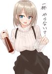  :d bangs beer_bottle black_dress blonde_hair blue_eyes blush breasts cup dress drinking_glass eyebrows_visible_through_hair glass highres holding holding_cup large_breasts looking_at_viewer open_mouth original pinafore_dress ribbed_sweater shunichi simple_background smile solo sweater translated turtleneck white_background 