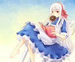  apron barefoot book crossed_legs doughnut feet food highres kagerou_project kozakura_marry long_hair looking_at_viewer mouth_hold reading red_eyes reking solo very_long_hair white_hair 