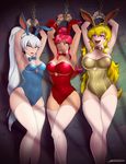  3girls :d armpits arms_up bare_arms blonde_hair blue_eyes breasts bunny_ears bunnysuit chains cleavage fangs fingernails green_eyes hips legs lips lipstick long_hair multiple_girls nail_polish naughty_face neck_ribbon open_mouth purple_eyes pyrrha_nikos red_hair restrained ribbon rwby saliva shonomi sideboob signature sweat thighhighs thighs weiss_schnee white_hair white_legwear yang_xiao_long 
