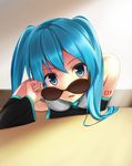  aqua_eyes aqua_hair bare_shoulders detached_sleeves eyewear_pull hatsune_miku leaning_over long_hair looking_at_viewer misaki_kurehito_(style) mkt necktie open_mouth solo sunglasses tattoo twintails vocaloid 