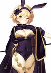  alternate_color animal_ears arm_behind_back black_legwear blonde_hair blush breasts brown_eyes bunny_ears cape cleavage commentary_request covered_navel djeeta_(granblue_fantasy) fake_animal_ears flower granblue_fantasy hair_flower hair_ornament hairband kaisen_chuui large_breasts leotard looking_at_viewer sage_(granblue_fantasy) short_hair simple_background smile solo staff thighhighs white_background 