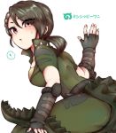  1girl alligator_tail american_alligator_(kemono_friends) arm_at_side ass back black_hair blush character_name collared_jacket dodo_taro elbow_pads eyes_visible_through_hair fingerless_gloves fingernails from_side gloves green_jacket green_pants hand_up high_collar jacket kemono_friends looking_at_viewer medium_hair pants parted_lips ponytail purple_eyes short_sleeves simple_background solo spiked_tail spikes spoken_exclamation_mark striped tail translated tsurime upper_body vambraces white_background 