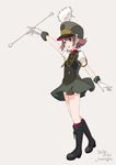  2016 artist_name band_uniform baton black_footwear boots brown_eyes brown_hair cross-laced_footwear dated flipped_hair full_body gloves green_footwear grey_background hat highres knee_boots kokudou_juunigou lace-up_boots marching_band_baton puffy_short_sleeves puffy_sleeves shako_cap short_hair short_sleeves signature simple_background smile solo standing wanda_(wonder_festival) white_gloves wonder_festival wonder_festival_mascots 