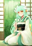  arano_oki bangs blush closed_mouth commentary_request day dragon_horns fate/grand_order fate_(series) forest green_hair hair_ornament horns japanese_clothes kimono kiyohime_(fate/grand_order) light_rays long_hair long_sleeves looking_at_viewer mimikaki nature obi sash seiza sidelocks sitting sliding_doors smile solo sunbeam sunlight thighhighs white_legwear wide_sleeves yellow_eyes 