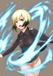  blonde_hair blue_eyes brown_hair dog_tail erica_hartmann grey_background highres jacket long_sleeves magic military military_uniform multicolored_hair no_pants open_mouth orusuban panties short_hair simple_background solo strike_witches tail thigh_gap two-tone_hair underwear uniform white_panties world_witches_series 