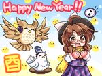  ^_^ ahoge animalization bird black_hat blush bow brown_eyes brown_hair chibi chick chicken chicken_(food) chinese_zodiac closed_eyes commentary eating eighth_note food glasses happy_new_year hat hat_bow long_sleeves low_twintails mittens mononobe_no_futo mononobe_no_futo_(chicken) musical_note new_year open_mouth owl plaid plaid_skirt plaid_vest pote_(ptkan) red-framed_eyewear scarf skirt spoken_musical_note touhou toyosatomimi_no_miko toyosatomimi_no_miko_(owl) twintails usami_sumireko vest year_of_the_rooster yellow_scarf 