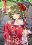  blue_eyes breasts brown_hair commentary_request cover cover_page doujin_cover flower green_eyes hair_flower hair_ornament happy_new_year heterochromia highres idolmaster idolmaster_cinderella_girls japanese_clothes kimono large_breasts looking_at_viewer mole mole_under_eye new_year shirokuma_a short_hair smile solo stairs takagaki_kaede tied_hair torii wide_sleeves yoi_otome 