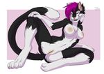  2016 anthro areola black_and_white_fur breasts clitoris ear_piercing feline female hair ifus looking_at_viewer lying mammal nude on_side piercing presenting presenting_pussy purple_hair pussy solo spread_legs spreading 