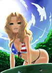  abazu-red alternate_eye_color american_flag_bikini arm_support artist_name bikini blonde_hair breasts breasts_apart cleavage cloud cloudy_sky commentary_request cursive day flag_print forest from_below front-tie_bikini front-tie_top girls_und_panzer green_eyes hair_intakes highres kay_(girls_und_panzer) leaning_forward light_smile long_hair looking_at_viewer medium_breasts nature outdoors parted_lips signature sky solo standing sun swimsuit tree twitter_username upper_body 