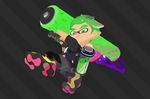  1boy domino_mask green_hair holding holding_weapon ink_tank_(splatoon) inkling mask official_art pointy_ears roller_(splatoon) shoes solo splatoon splatoon_2 tentacle_hair weapon 