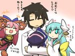  2girls :3 aqua_eyes aqua_hair arm_grab armor arms_up bell bell_collar berserker_(fate/zero) blush_stickers bow brown_hair cat_paws chibi closed_eyes collar comic commentary_request fang fate/grand_order fate_(series) fujimaru_ritsuka_(male) gloves glowing goma_(gomasamune) gradient gradient_background hair_bow hair_ribbon heart helmet highres horns japanese_clothes kimono kiyohime_(fate/grand_order) long_hair long_sleeves multiple_girls open_mouth oversized_object paw_gloves paws pink_hair red_kimono ribbon shirt sidelocks smile sweat tamamo_(fate)_(all) tamamo_cat_(fate) translation_request white_kimono white_shirt wide_sleeves 