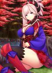  &gt;:) armpit_peek ass asymmetrical_hair bangs bare_shoulders black_legwear blue_eyes breasts cleavage closed_mouth fate/grand_order fate_(series) floral_print frills from_side hair_ornament highres japanese_clothes kimono long_sleeves looking_at_viewer looking_to_the_side magatama medium_breasts miyamoto_musashi_(fate/grand_order) nature obi outdoors pak_ce ponytail sash sideboob silver_hair sitting smile solo thighhighs v-shaped_eyebrows wide_sleeves 