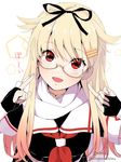  bespectacled blonde_hair chagen_kokimu commentary_request fingerless_gloves glasses gloves hair_flaps hair_ornament hair_ribbon hairclip kantai_collection long_hair looking_at_viewer neckerchief open_mouth red_eyes red_neckwear remodel_(kantai_collection) ribbon sailor_collar scarf solo twitter_username white_background yuudachi_(kantai_collection) 