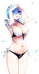  bangs bikini black_bikini blue_eyes blue_hair blunt_bangs breasts duplicate front-tie_bikini front-tie_top goshiki_suzu hair_ornament hair_over_one_eye highres large_breasts looking_at_viewer maid_bikini maid_headdress navel open_mouth re:zero_kara_hajimeru_isekai_seikatsu rem_(re:zero) short_hair simple_background solo standing swimsuit white_background 