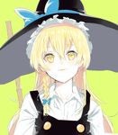  apron blonde_hair blue_bow blush bow braid broom buttons collarbone collared_shirt food fruit green_background hair_bow hat hat_bow kirisame_marisa lime_(fruit) long_hair long_sleeves pinch_(nesume) shirt side_braid simple_background single_braid smile solo touhou upper_body witch_hat yellow_eyes 