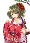  blue_eyes breasts brown_hair commentary_request cover cover_page doujin_cover flower green_eyes hair_flower hair_ornament happy_new_year heterochromia highres idolmaster idolmaster_cinderella_girls japanese_clothes kimono large_breasts looking_at_viewer mole mole_under_eye new_year shirokuma_a short_hair smile solo takagaki_kaede tied_hair transparent_background wide_sleeves yoi_otome 