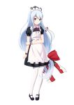  absurdres bangs blue_eyes blue_hair bow frills full_body hair_bow headgear highres long_hair looking_at_viewer low-tied_long_hair maid maid_headdress pantyhose puffy_short_sleeves puffy_sleeves ribbon shirayuki_(zhan_jian_shao_nyu) short_sleeves smile solo transparent_background very_long_hair white_legwear yesheng_yaomeng zhan_jian_shao_nyu 